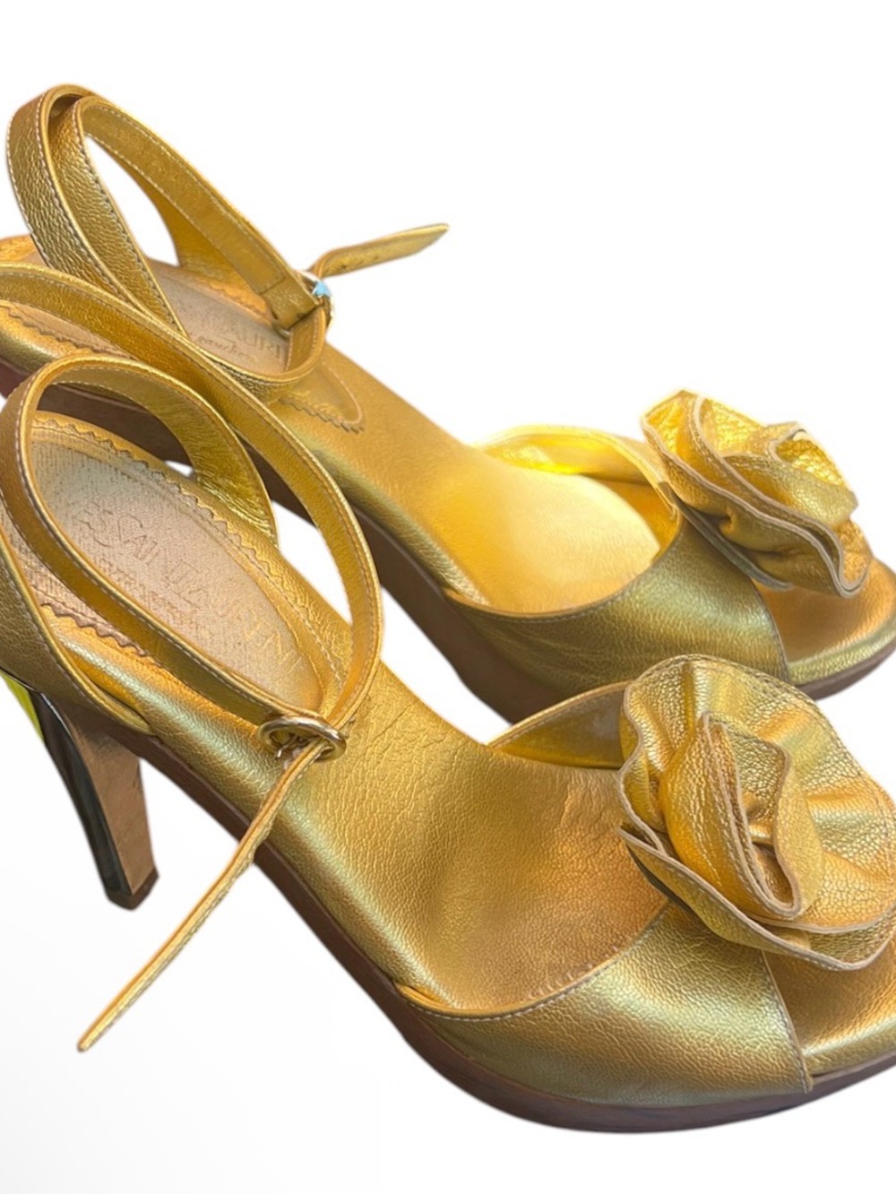 Vintage Yves Saint Laurent Tom Ford Nadja Rosette Gold Heels Shoes Couture Sz 38